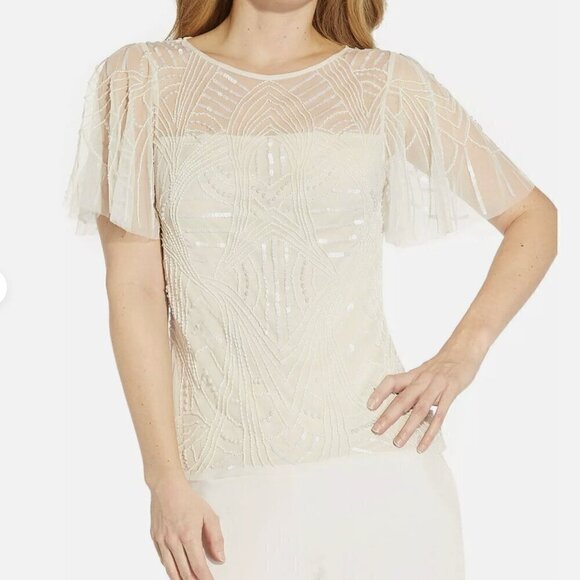 Adrianna Papell Tops - Adrianna Papell Ivory Pearl Beaded Flutter Sleeve Top Sz. 4